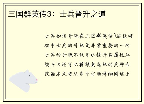 三国群英传3：士兵晋升之道